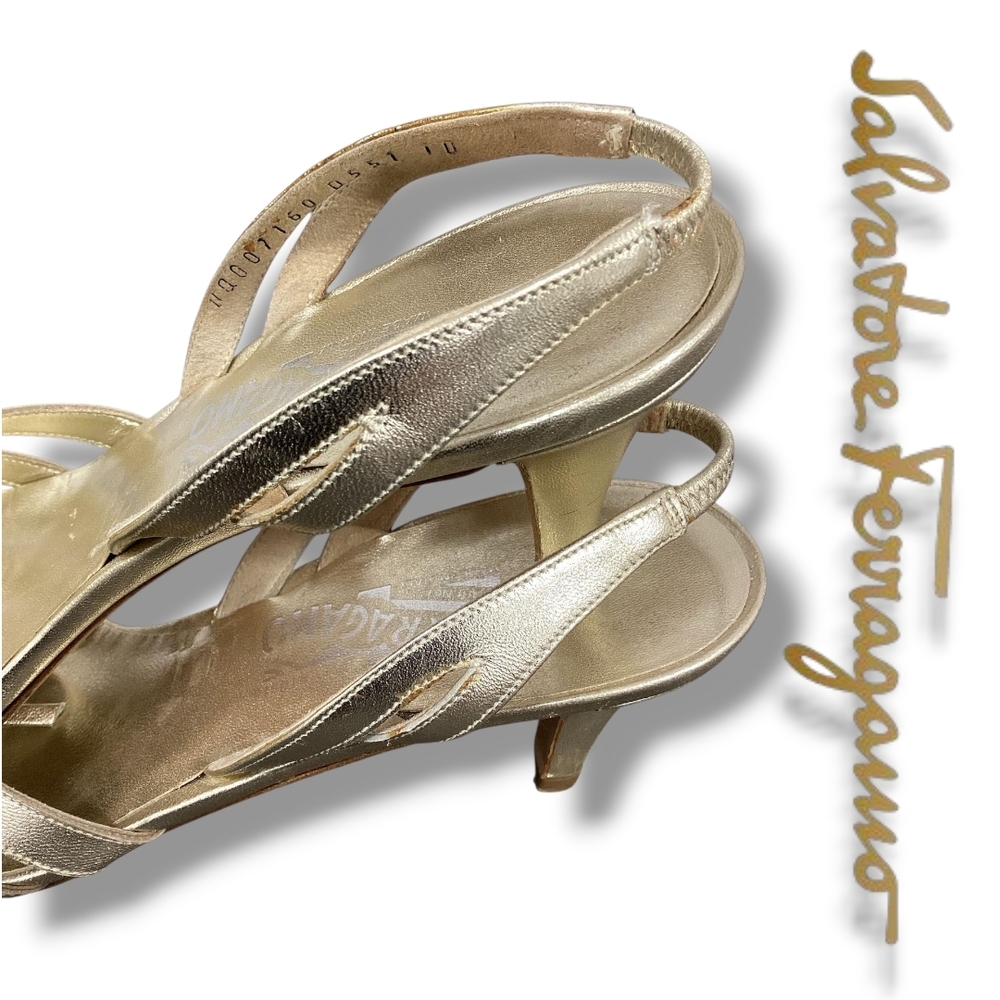 Salvatore FERRAGAMO Gold Kitten Heel Women's Leather Metallic Slingback Sandals - Picture 7 of 11